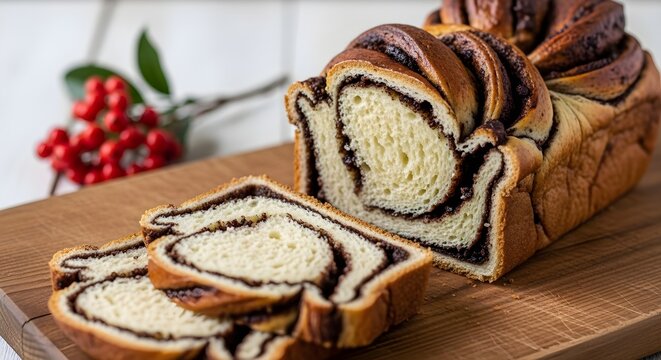 Delicious homemade chocolate babka bread loaf sliced on a wooden cutting board with a festive red berry garnish in the background for a sweet breakfast or dessert