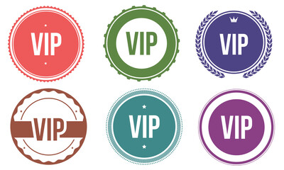 Collection of colorful vip badges in various styles on transparent background