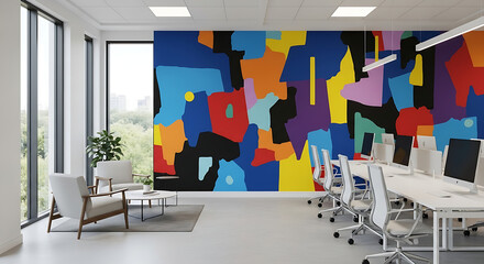 Professional interior inspiration image of a stylish, well-lit office with abstract art, blending functionality with a distinctly modern aesthetic.
