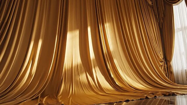 Golden silk drapes cascading from ceiling height