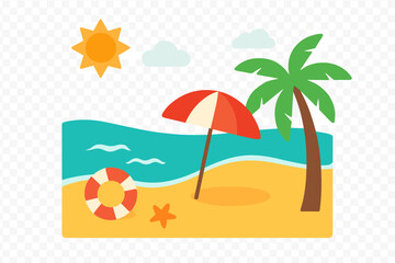 Tropical summer beach scene with palm tree and sun umbrella on the sand