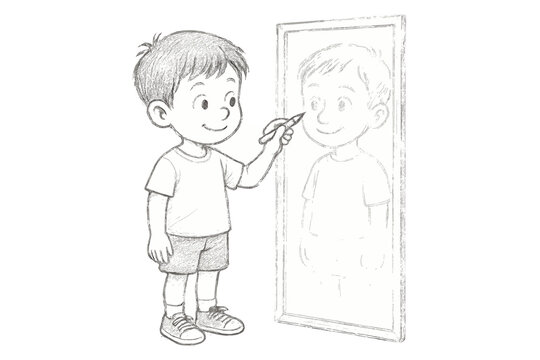 Smiling child holding a pencil and tracing his own reflection in a full-length mirror