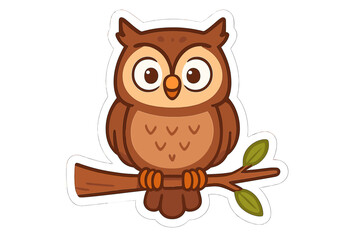 Adorable brown owl character sitting on a small tree branch with green leaves