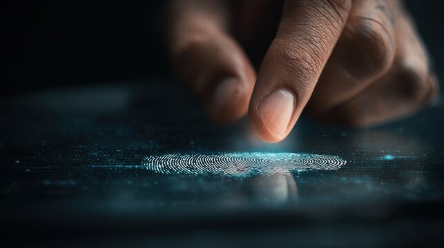 Close-up of a Finger Touching a Digital Fingerprint on a Futuristic Interface with Glowing Elements and a Dark Background Highlighting Technology and Security