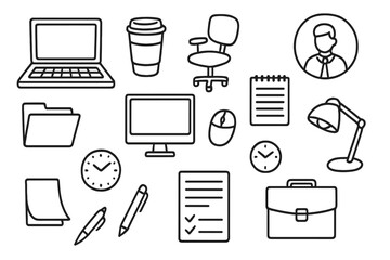 Essential business and supplies icons in black and white outline