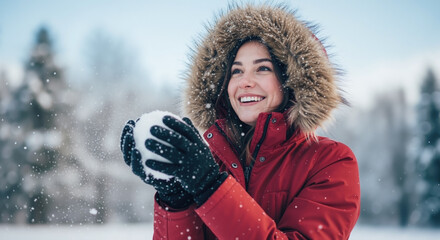 A joyful woman in a red parka with a fur hood holds a perfect snowball amidst falling snow.
