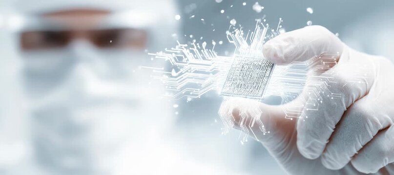 Scientist engineer holding a chip core. Generative video AI technology.	
