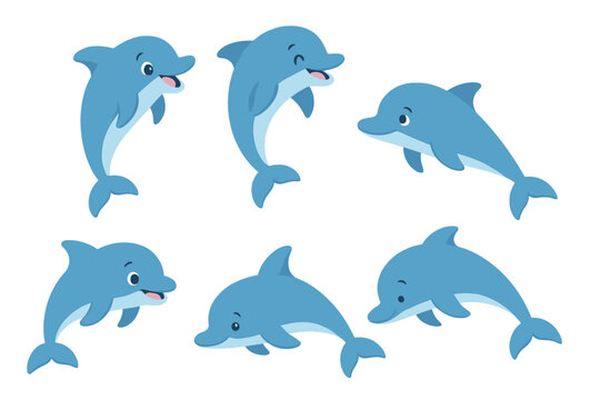 Six cute cartoon dolphins swimming and jumping in various poses