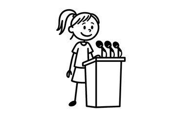 Stick figure smiling girl speaking at press conference podium with microphones