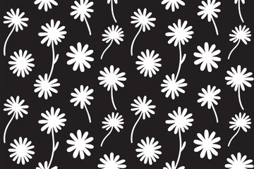 White Wildflower Stems and Petals Pattern on Black Background in Clean Seamless Flora Design