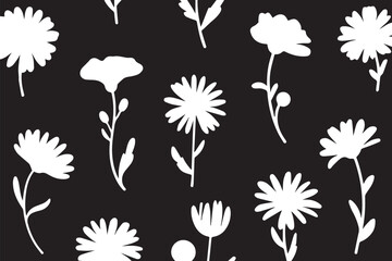 White Wildflower Stems and Petals Pattern on Black Background in Clean Seamless Flora Design