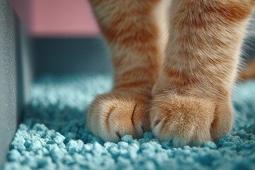 Ginger cat paws in blue tofu cat litter