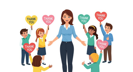 Diverse group of happy children and a teacher holding colorful heart shaped thank you signs in appreciation