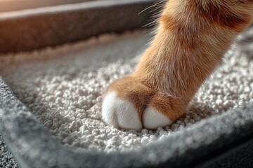 Close up of a ginger cat paw  in a tofu cat litter box