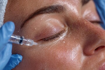 Close-up of woman receiving cosmetic injection around eye 