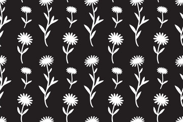 White Wildflower Stems and Petals Pattern on Black Background in Clean Seamless Flora Design