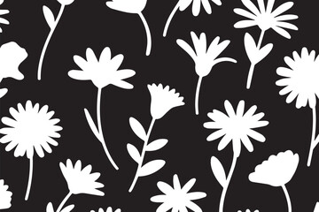White Wildflower Stems and Petals Pattern on Black Background in Clean Seamless Flora Design