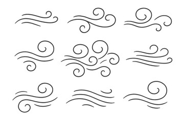 Fototapeta premium Collection of stylized swirling and flowing lines representing wind, air, and breeze movement symbols
