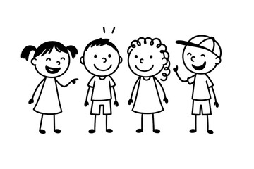 Cheerful group of diverse young children standing together in simple doodle style