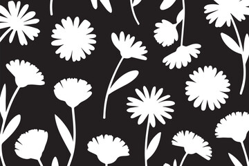 White Wildflower Stems and Petals Pattern on Black Background in Clean Seamless Flora Design