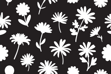 White Wildflower Stems and Petals Pattern on Black Background in Clean Seamless Flora Design