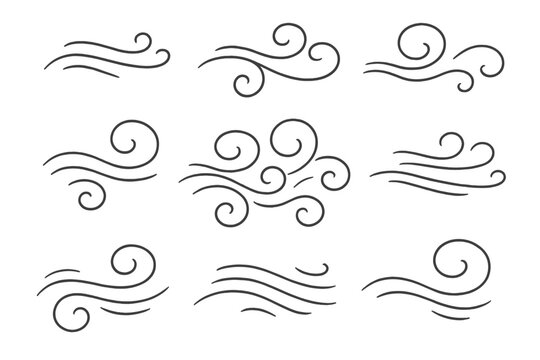 Collection of stylized swirling and flowing lines representing wind, air, and breeze movement symbols
