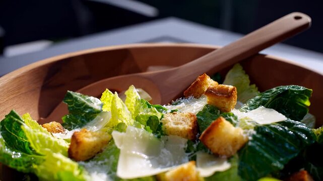 Stylish salad preparation with fresh ingredients at outdoor dining space on a sunny day