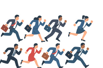 Diverse business professionals running in a hurry holding briefcases symbolizing competition and urgency