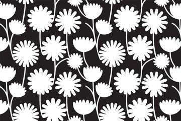 White Daisy-Inspired Floral Pattern on Black Background in Playful Seamless Botanical Design