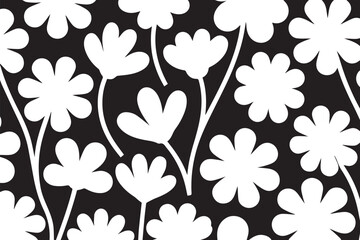 White Daisy-Inspired Floral Pattern on Black Background in Playful Seamless Botanical Design