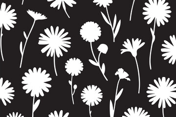 Minimal White Floral Silhouettes on Black Background in Elegant Seamless Botanical Pattern
