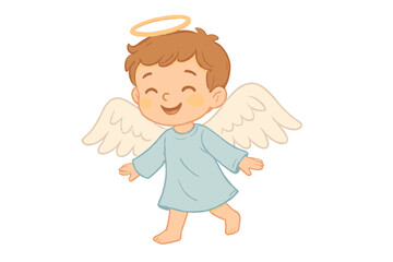 Smiling little child angel wearing a blue robe, white feathered wings, and a golden halo