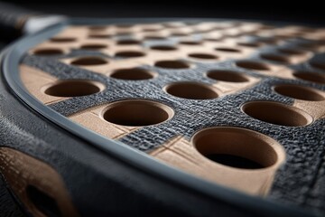 Padel racket textured surface with circular holes close up