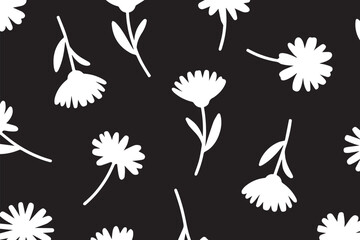 Minimal White Floral Silhouettes on Black Background in Elegant Seamless Botanical Pattern