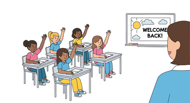 Diverse group of enthusiastic students raising hands in a classroom with a welcome back message on the whiteboard
