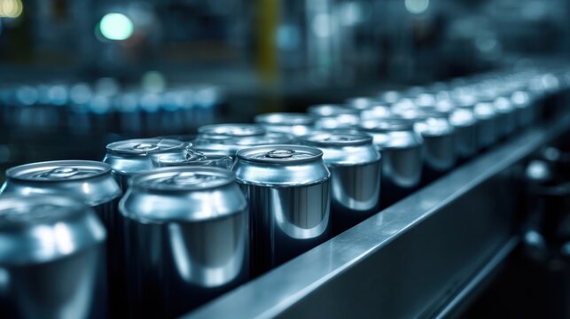 Production line of aluminum beverage cans moving on conveyor belt in modern factory with blurred background showcasing industrial workflow and efficiency