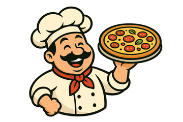 Smiling cartoon chef holding and presenting a whole pepperoni pizza pie on a serving tray