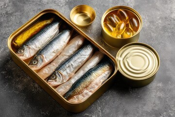Open tin of sardines and fish oil capsules  