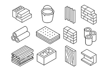 Detailed isometric line art showing various building and construction materials and tools