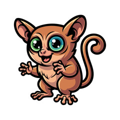 A pixelated illustration of an adorable cartoon tarsier with big blue eyes. The tarsier is brown with a tail and large ears, set against a black background