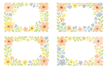 Four delicate watercolor floral corner borders with pastel peach yellow and blue blossoms