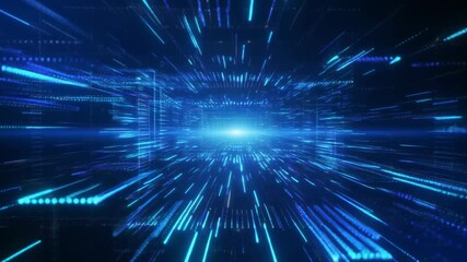 Abstract digital background with glowing blue lines and geometric shapes converging towards a bright central point, creating a sense of speed and technology. - Powered by Adobe