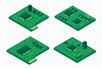 Four isometric microchip designs with electronic components and circuit pathways on green boards
