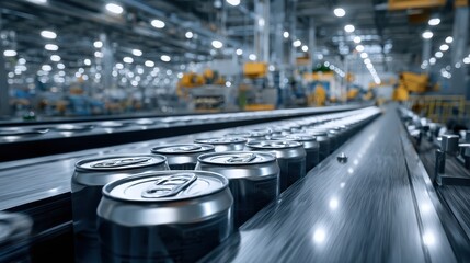 Modern Beverage Factory Production Line with Cans Moving on Conveyor Belt under Bright Industrial Lighting and Machinery in Background