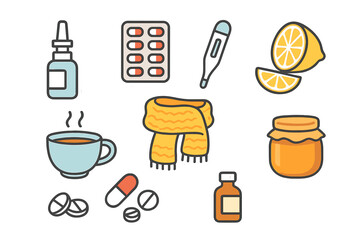Collection of Essential Items and Natural Remedies for Cold and Flu Symptoms