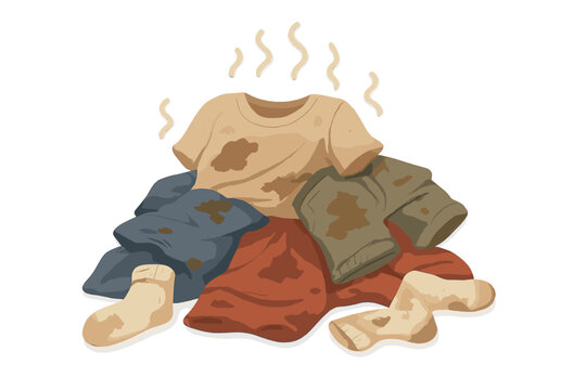 Large pile of smelly dirty laundry needing washing with visible stains and odor lines