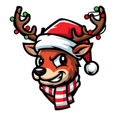 Cartoon image of a reindeer with a red and white scarf and holiday hat. The antlers are decorated with christmas lights against a black background