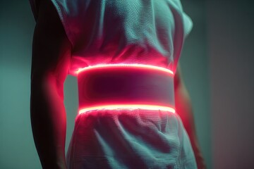 Person wearing glowing red light therapy belt