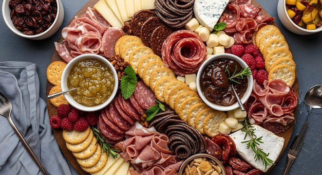 Overhead view of a charcuterie board with meats cheeses crackers fruits and dips. - Powered by Adobe