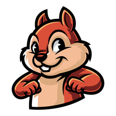 A cartoon squirrel, brown fur, cheerful face, on a black backdrop. Ideal for a mascot or cartoon design. The style is simplistic and playful